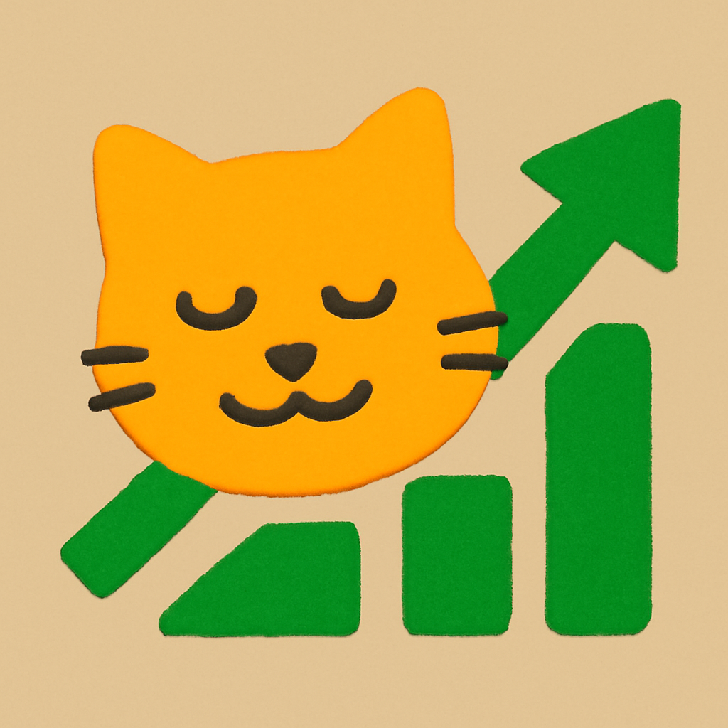 a giant sleeping cat emoji crudely pasted over a giant green upward stock chart emoji, hard mismatched edges, on a flat tan background
